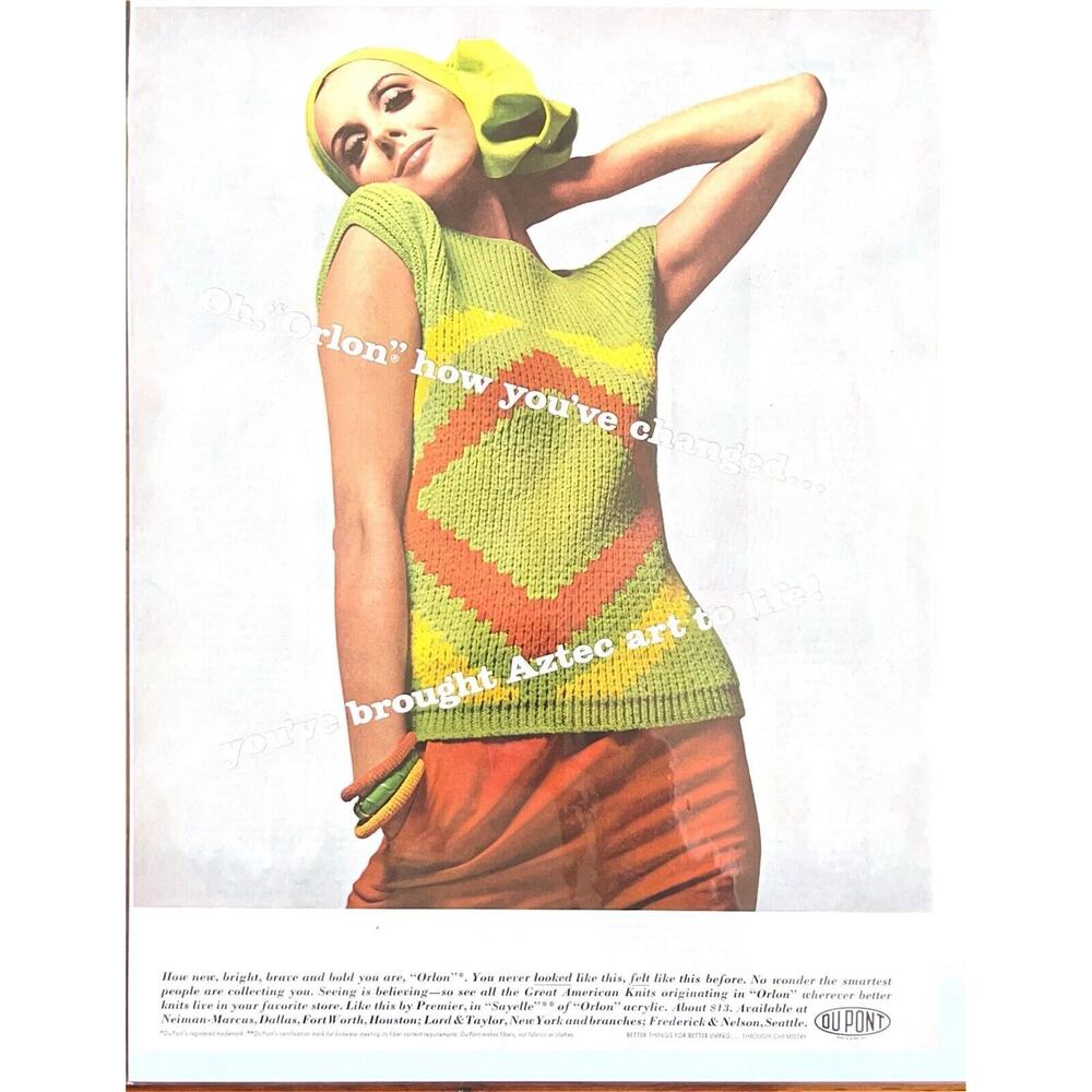 Vintage 1960s Mod Fashion Print Ad Aztec Orlon Yarn Sweater Dayglo Knitting